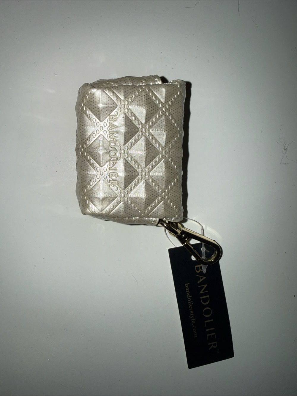 Bandolier Quilted Pearl White AirPods Pouch with Gold Clip - Picture 2 of 5